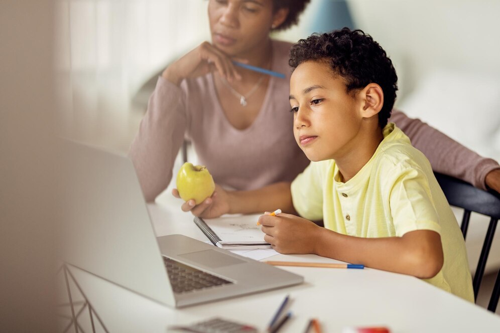 little black boy using laptop while homeschooling with his mother 637285 9308